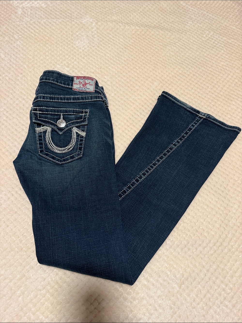 True Religion Women's Dark Blue Bootcut Jeans with Signature Pocket Stitching